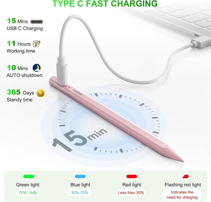 HATOKU Stylus Pen for iPad 2018-2025: 15 Mins Fast Charging Pencil 1 Generation with Tilt Sensitivity Palm Rejection - Work for iPad Air 3 4 5 M2 M3- Pro 11" 12.9" M4 - Mini 5 6 - iPad 6 7 8 9 10 11 (Pink) - Image 3